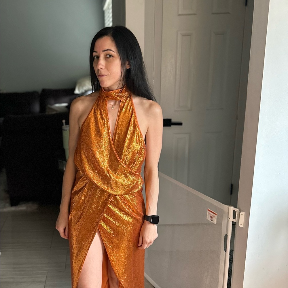 ASOS Orange Sequin Wrap Long Dress NWT